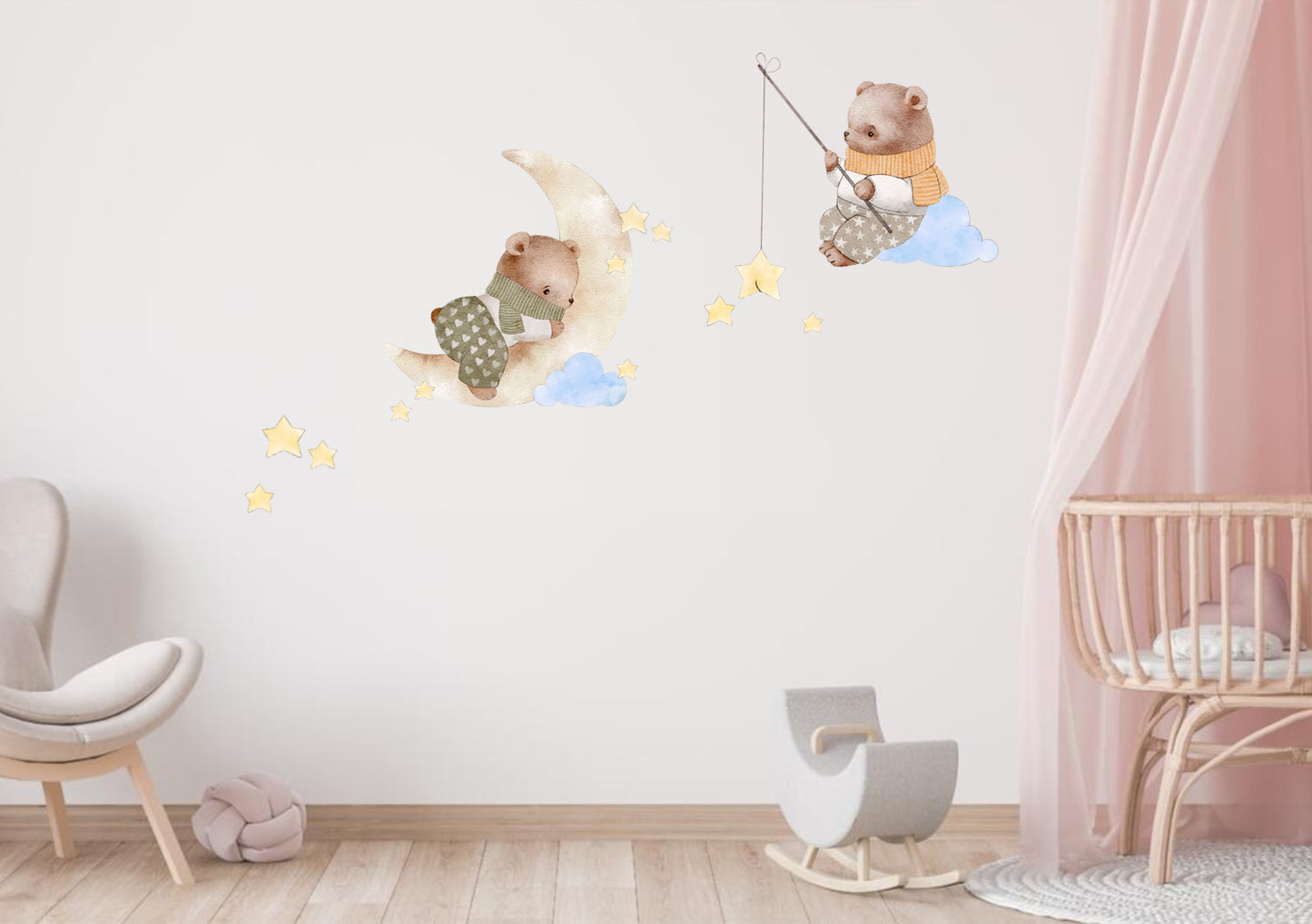 Moon, stars and beards wall stickers. Baby's nursery decals. kid's / children's bedroom art, Fishing for stars wall poster.. 